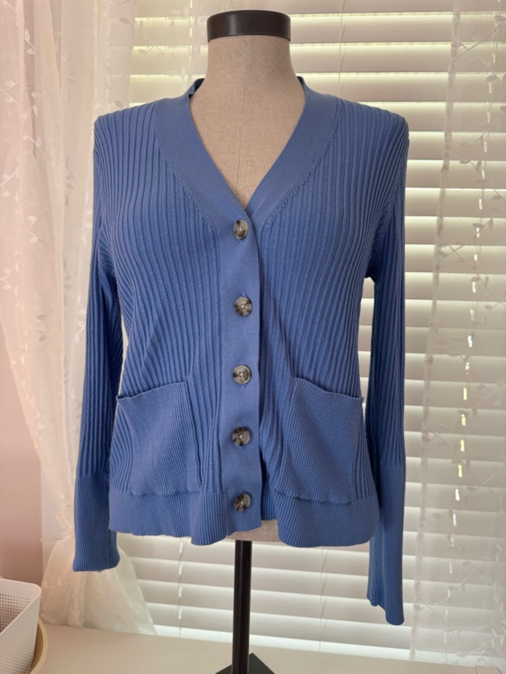 LOFT Dusty Blue Ribbed Button-Front Cardigan